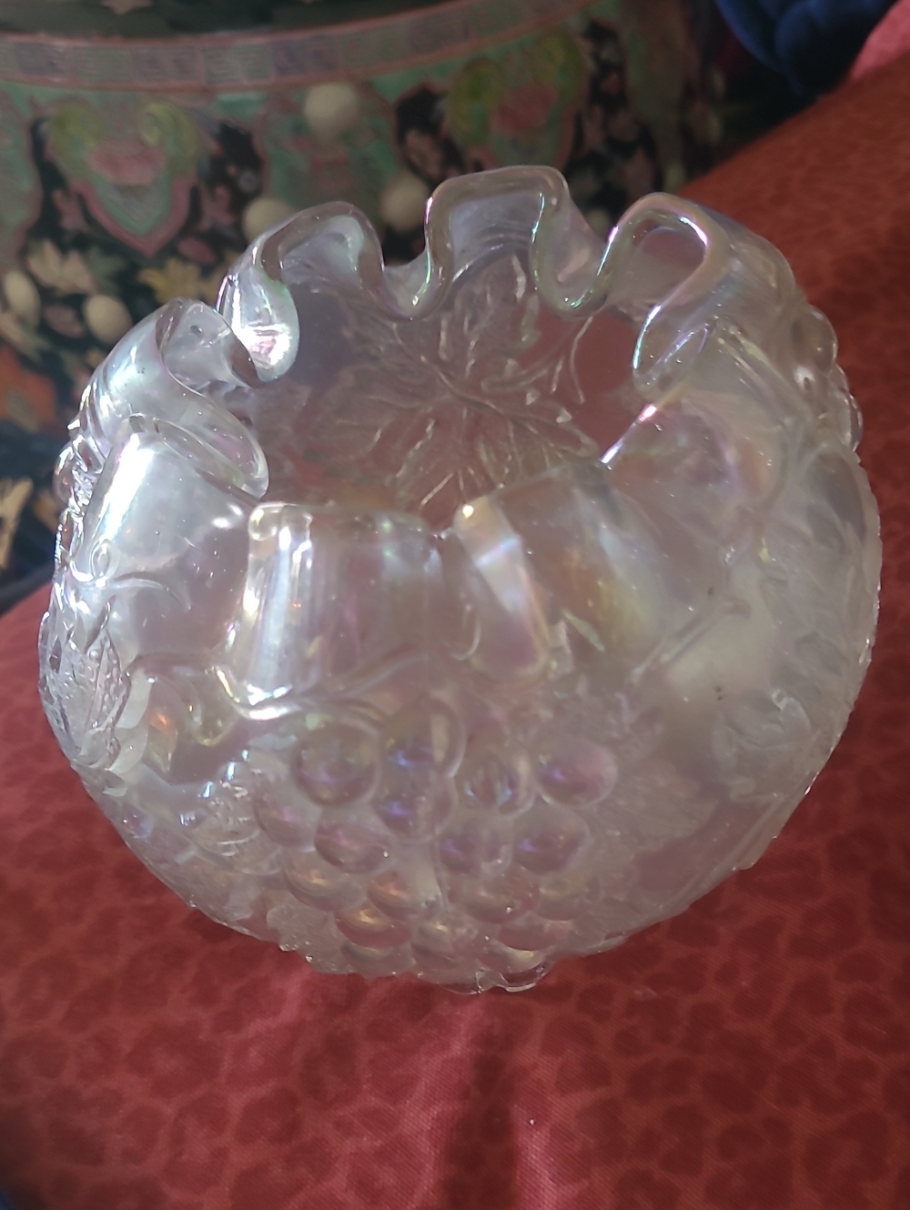 Iridescent Glass Dugan grape  Vase with Ruffled Rim Carnival Glass Rose Bowl.